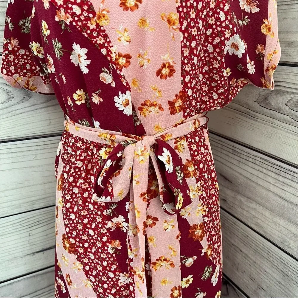 DOWNEAST Pink & Red Patchwork Floral Patterned Short Sleeve Dress Size XS